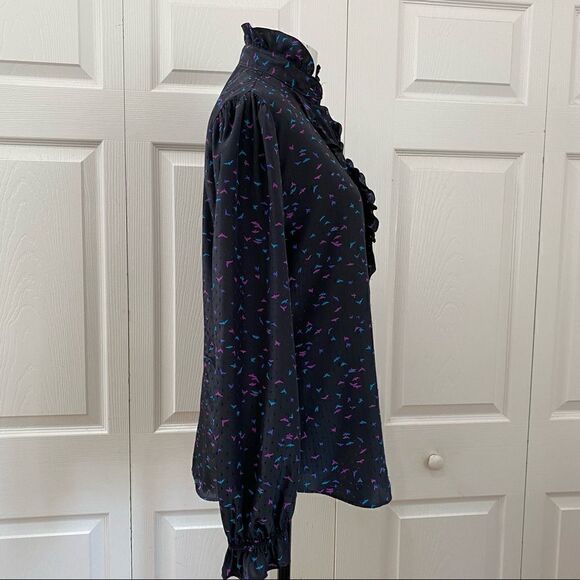 Vintage Langtry Black Ruffled High Neck Button Down Blouse - Picture 7 of 12